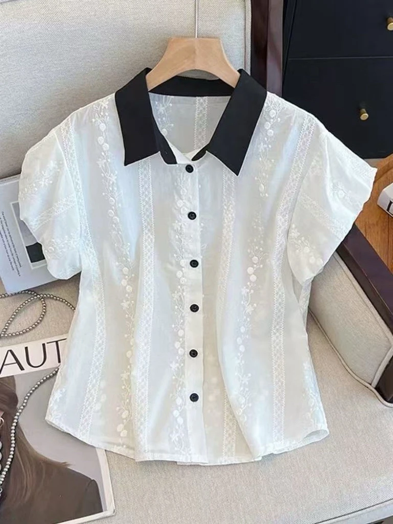 高级感轻奢薄款减龄上衣女装娃娃领短袖衬衫夏独特超好看新款衬衣