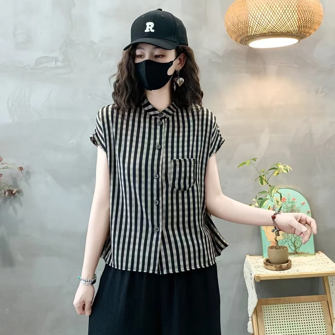 ZX夏季新款复古印花网纱透气短袖宽松显瘦休闲百搭衬衫上衣