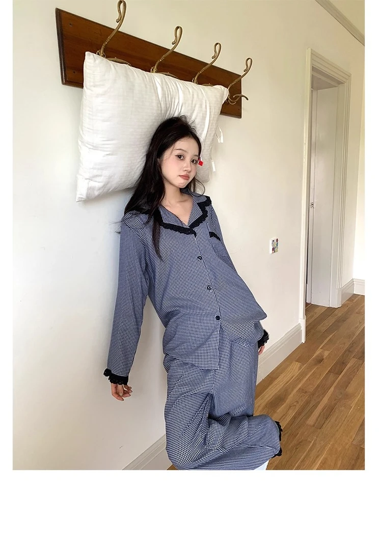 早秋高级感格子长袖睡衣女2025新款蕾丝拼接设计感慵懒家居服套装