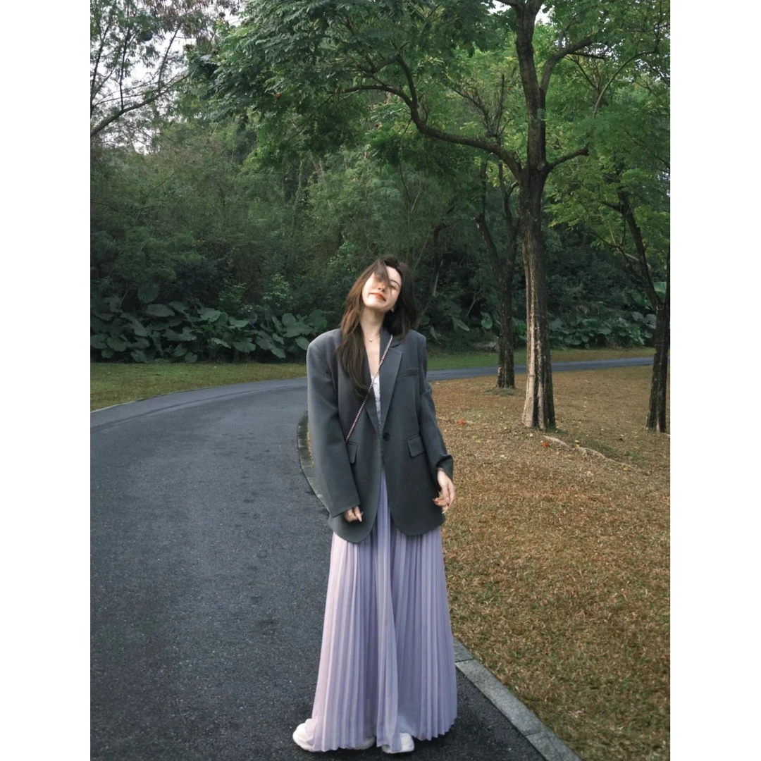 2025春季新款韩系穿搭高级感灰色西装外套搭配紫色半身裙两件套女