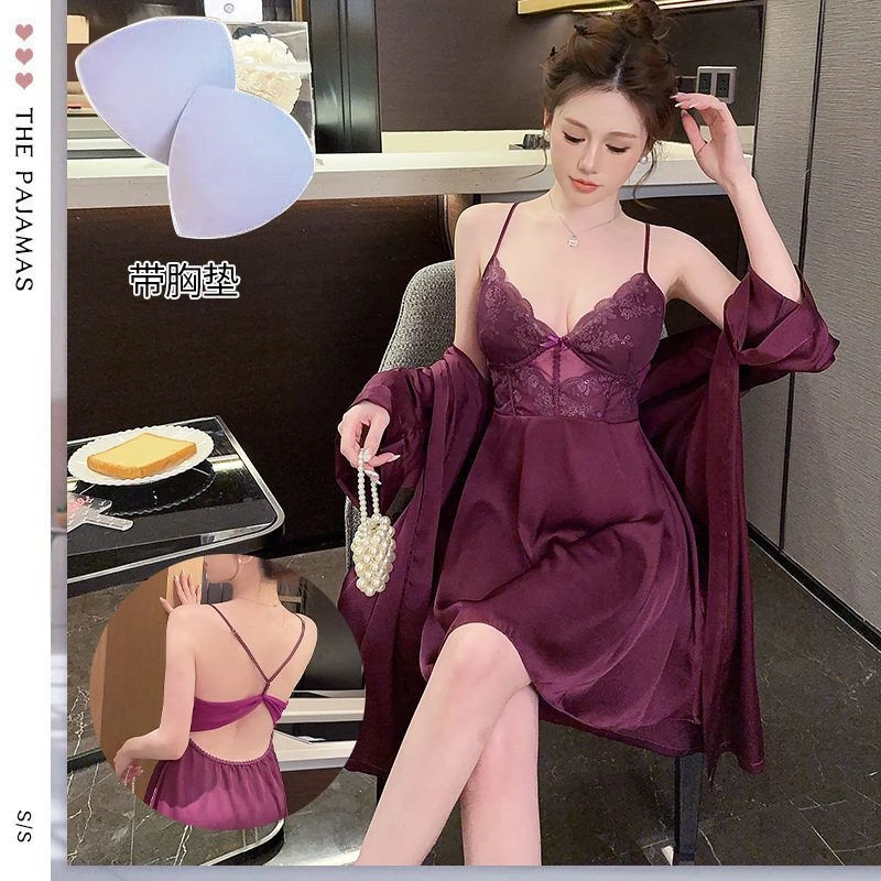 新款吊带睡裙性感蕾丝花边女士睡袍亲肤冰丝纯欲风纯色家居服套