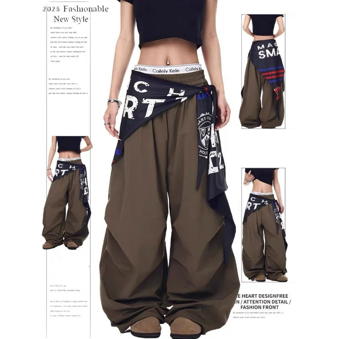 美式复古撞色屁帘伞兵工装裤女潮牌嘻哈褶皱设计感爵士舞阔腿长裤