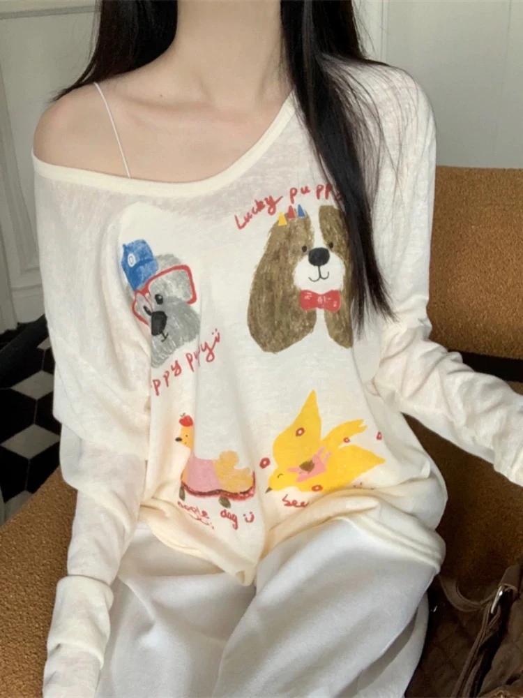 杏色减龄可爱狗狗印花长袖T恤女春夏宽松休闲慵懒风高级感v领上衣