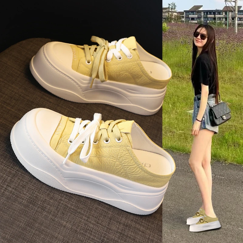 厚底内增高一脚蹬包头半拖鞋女2025夏季新款外穿透气百搭休闲鞋