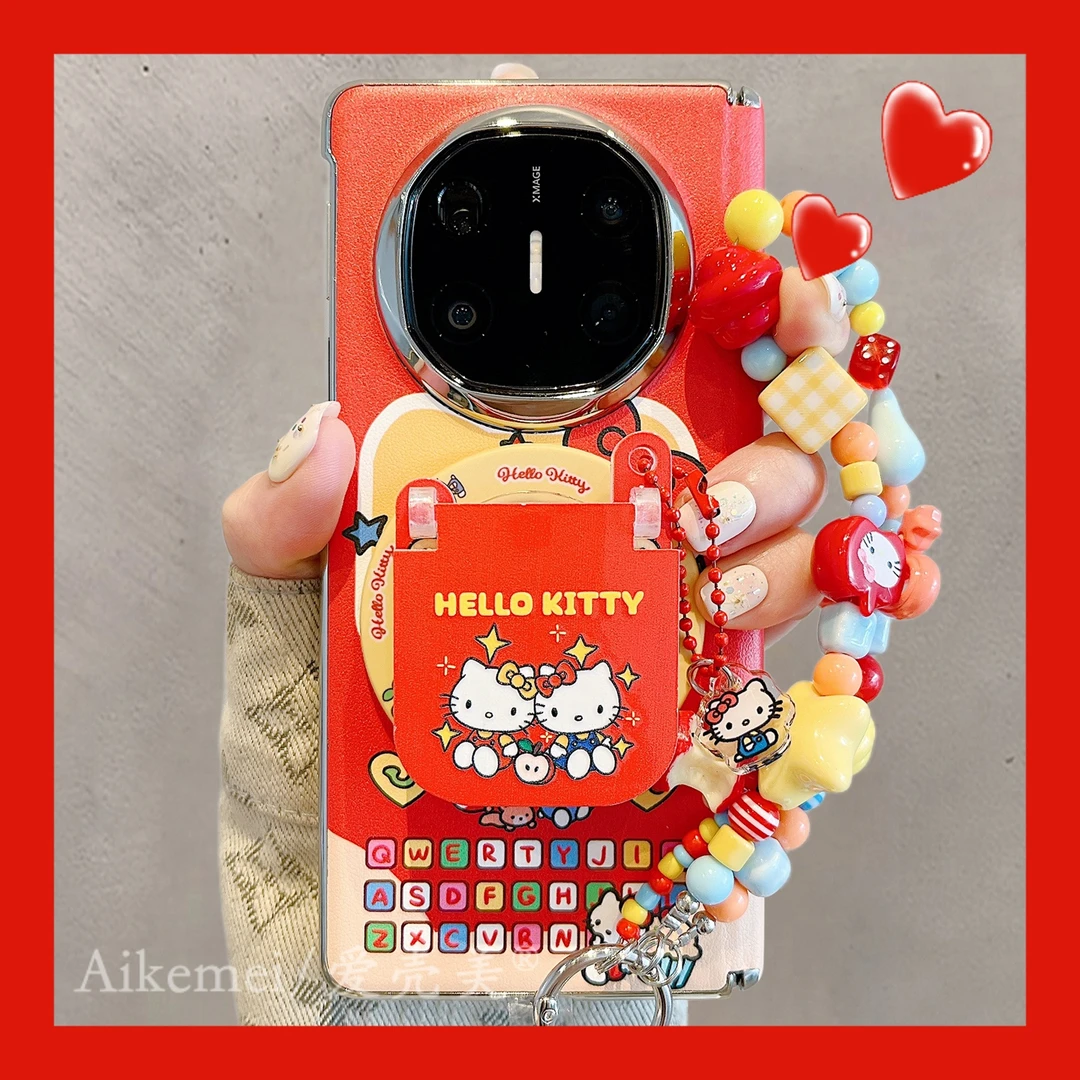 适用华为mateX6折叠屏手机壳X5红色皮质kt猫X3电话机翻盖磁吸支架