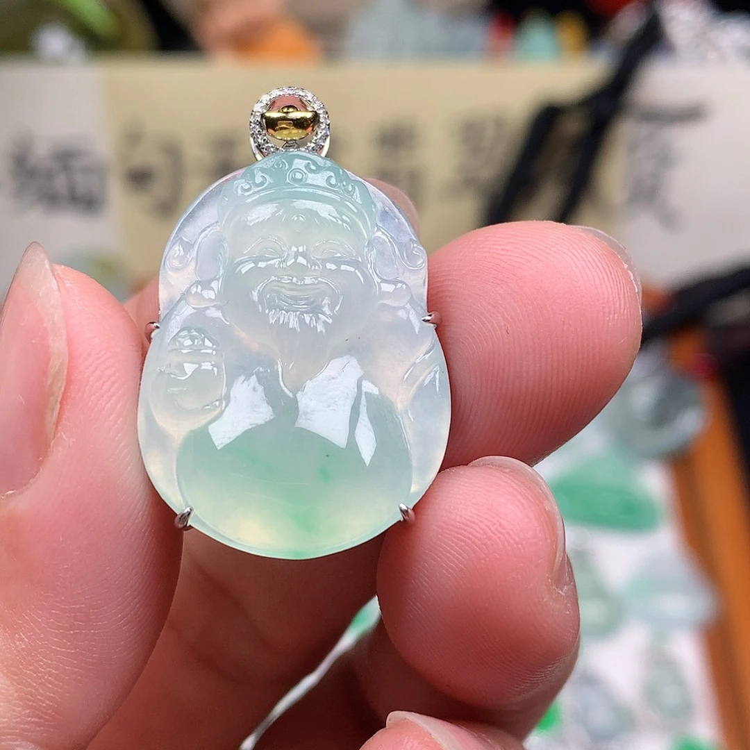 翡翠裸石18K金镶嵌缅甸天然A货翡翠冰种财神爷