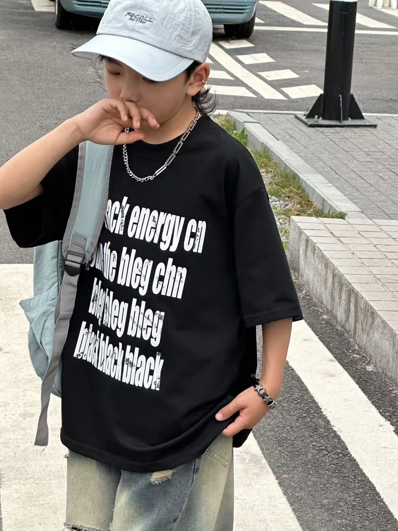 街头潮酷黑色短袖T恤男童 2025夏季新款宽松百搭时尚痞帅儿童上衣