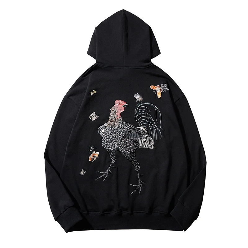 稻草人秋冬新款高品质连帽卫衣男士国潮金鸡蝴蝶重工刺绣拉链纯棉