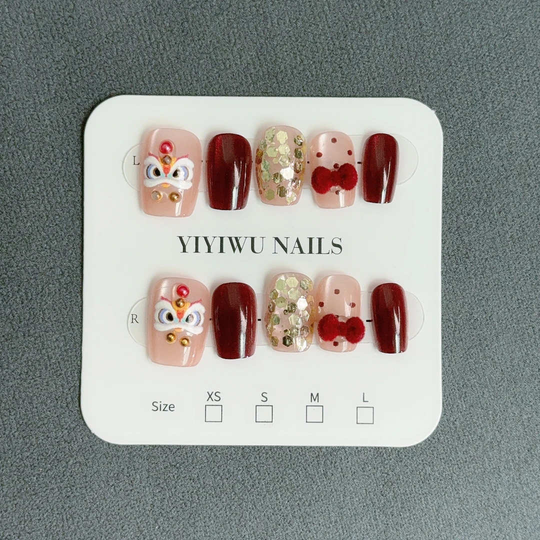 新年醒狮爆款纯手工手绘穿戴甲猫眼安可拉红蝴蝶结中式穿戴