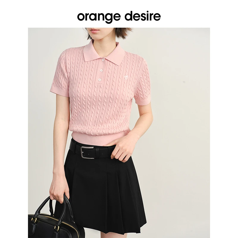 orange desire气质polo领绞花短袖针织衫女复古上衣OD2DMZ9008