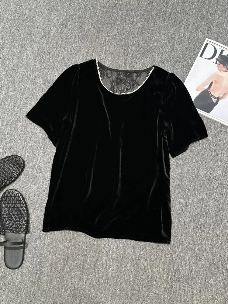 美亚新款超显瘦珍珠领短袖丝绒T恤黑色纯色休闲上衣显白百搭短袖