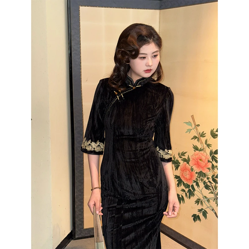 向南飞FLY《惊鸿一面》新中式国风改良旗袍日常可穿黑色连衣裙女秋