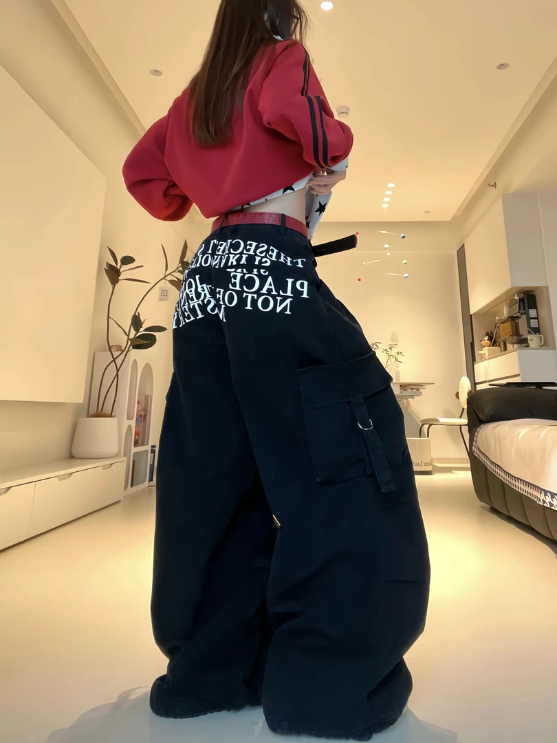 BINXLAN字母印花多口袋加厚黑色工装裤女直筒阔腿宽松美式复古裤