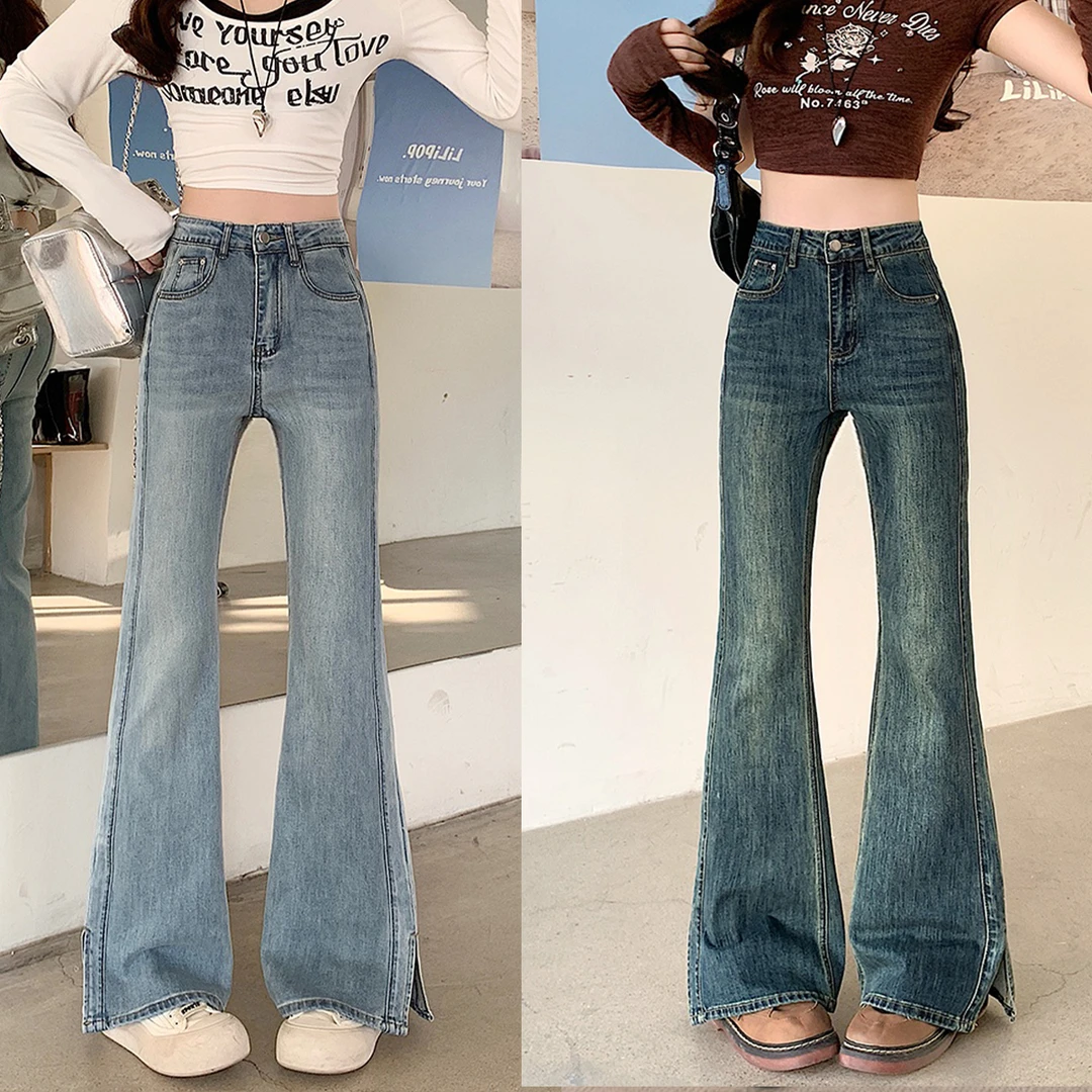 长美式微喇牛仔裤女爆款2025年大码秋季高腰显瘦开叉长裤65522