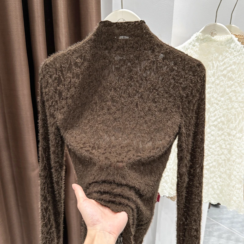 咖色木耳边网纱内搭上衣女秋冬新款半高领长袖毛绒保暖蕾丝打底衫
