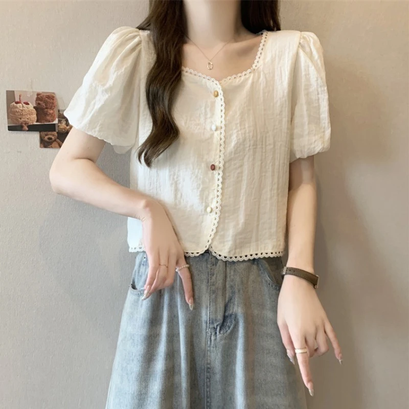 短袖衬衫女2025夏季新款爆款法式方领泡泡袖短款miu系雪纺小上衣