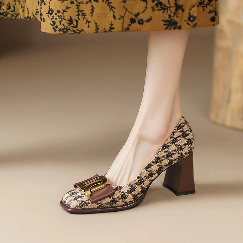 羊皮版真皮时尚千鸟格粗跟高跟鞋女浅口法式复古单鞋千金风一脚蹬