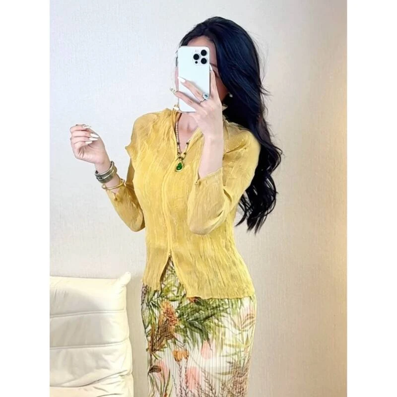 【褶二喜】三宅风气质春秋长袖柳条薄款透气显瘦沙滩外套女收腰