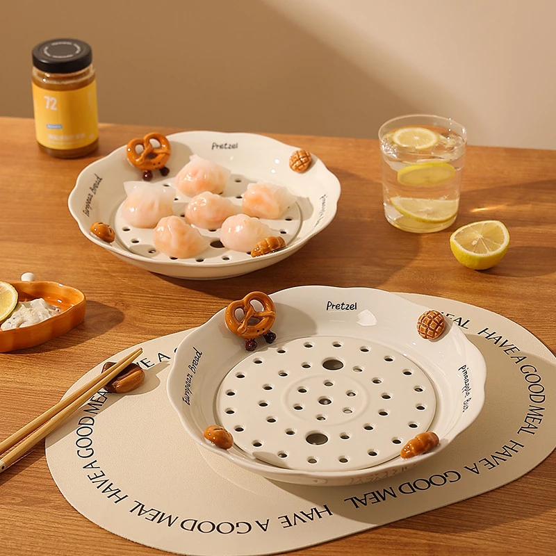 陶瓷饺子沥水盘创意双层饺子专用盘子家用蒸盘面包盘高颜值沙拉碗