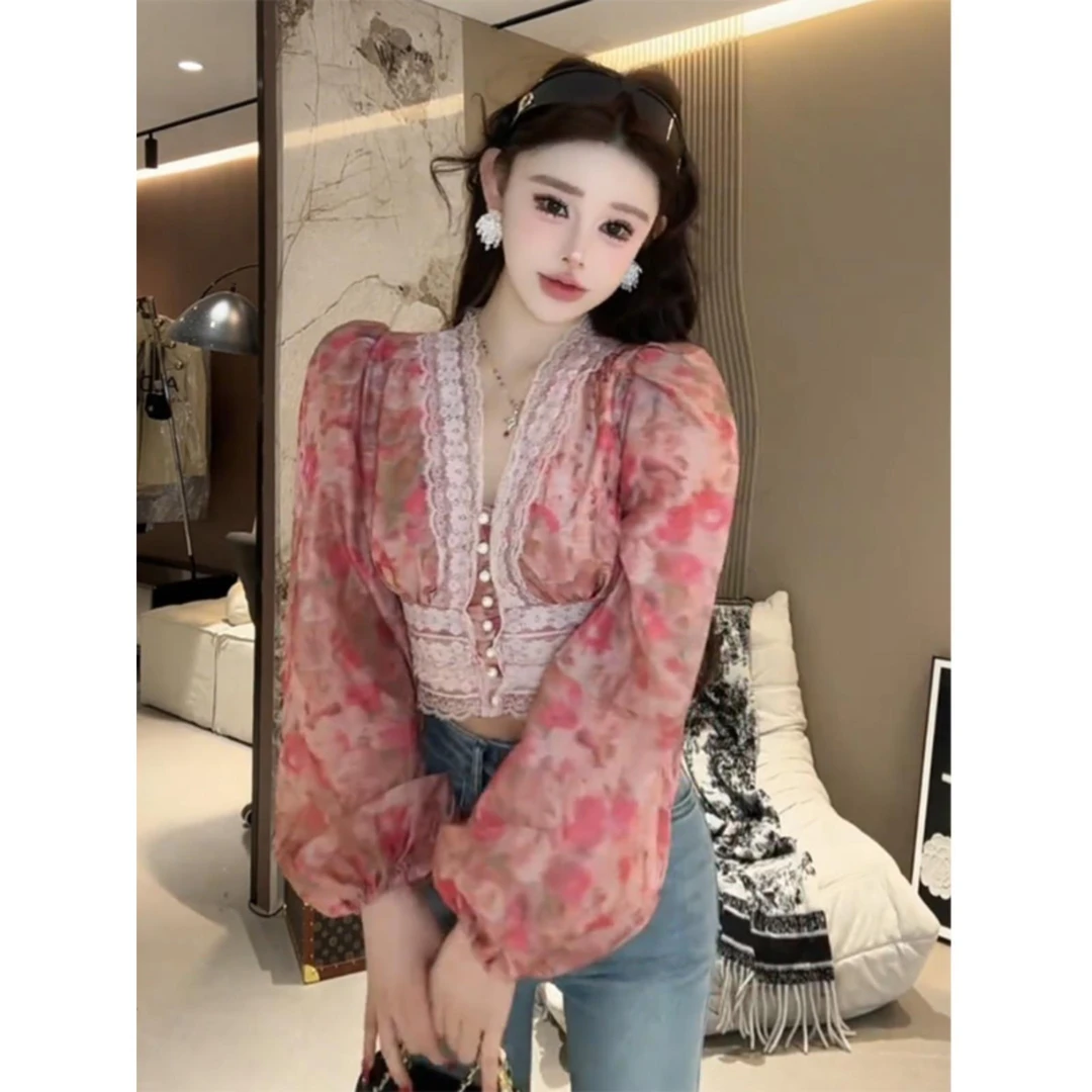 【法式浪漫】拼接蕾丝碎花上衣法式复古收腰显瘦V领性感气质雪纺衫