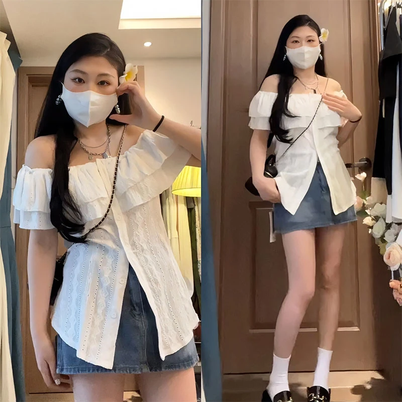 【8633】大码女装胖mm一字肩白色衬衫夏季纯欲风修身显瘦露肩上衣
