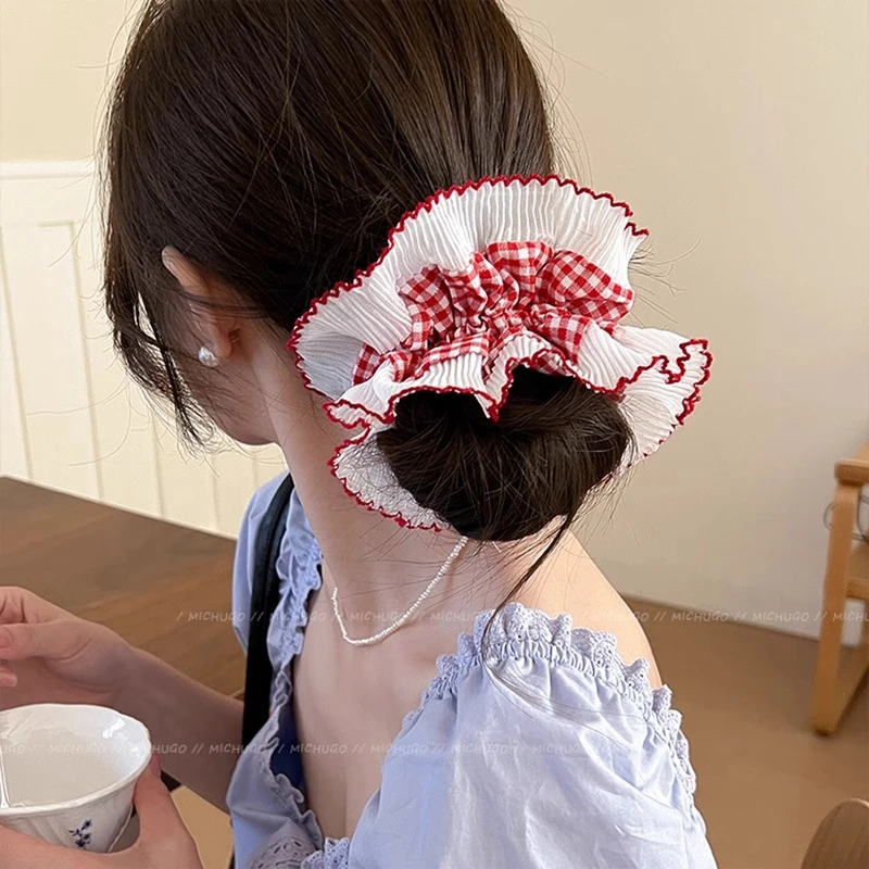 芭蕾风头饰欧美法式复古花边红色格纹蕾丝镂空发圈超大头花女发绳