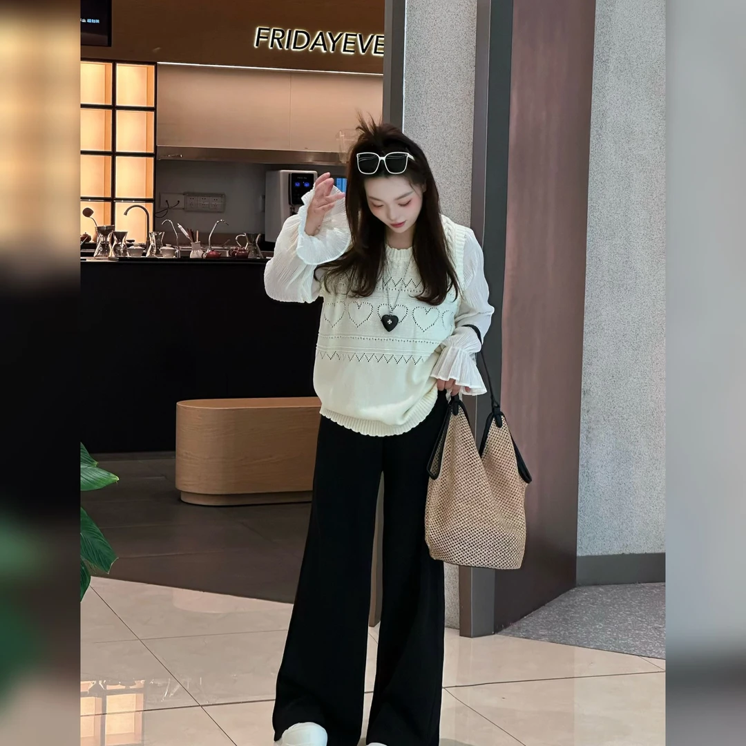 楠序【温柔花边】魏魏微胖女装韩版假两件蕾丝拼接上衣套装NX13783