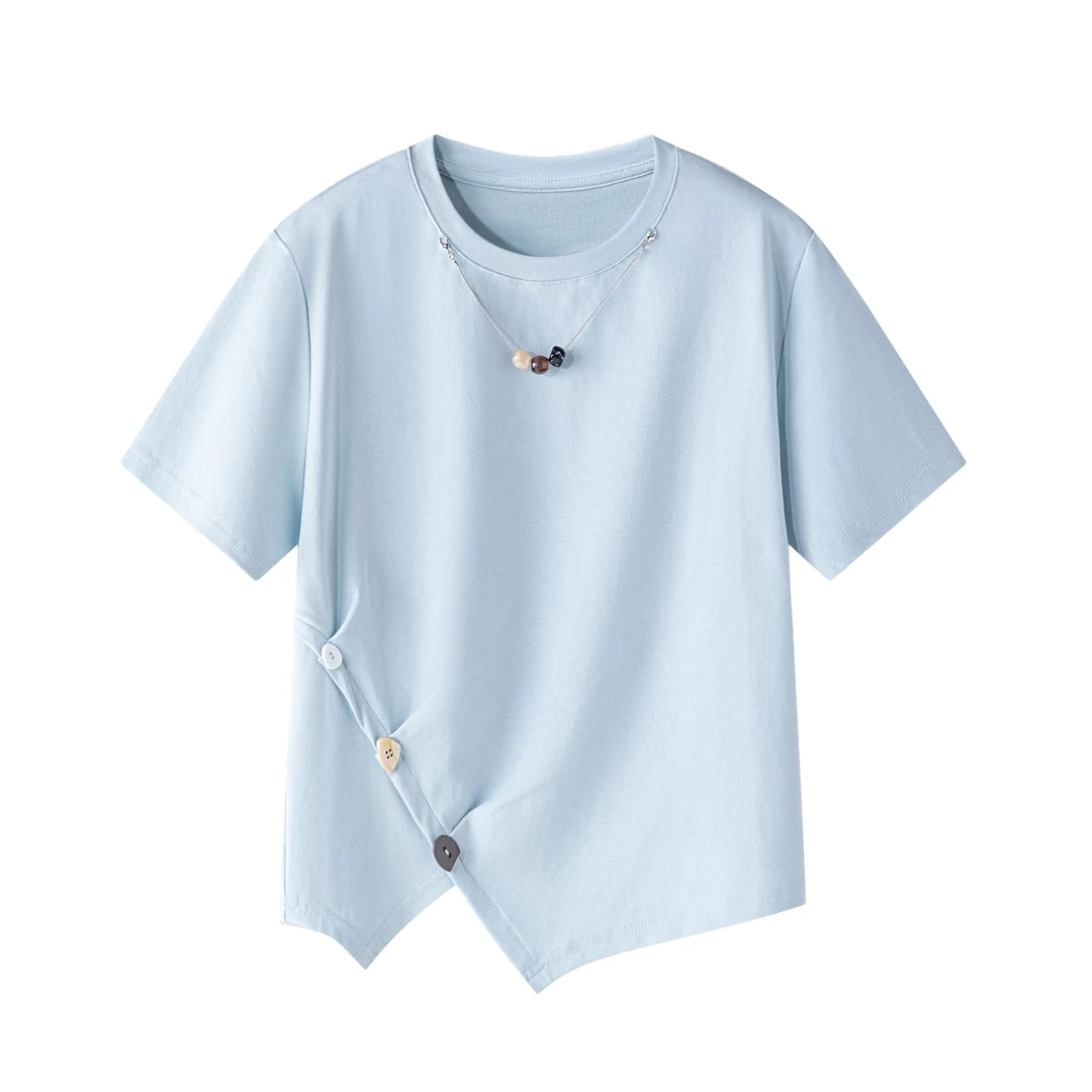 不规则短款圆领珠链装饰T恤61250