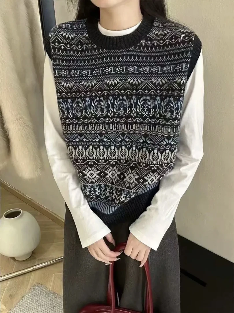 点睛穿搭 慵懒北欧风费尔岛提花毛衣背心马甲女9524