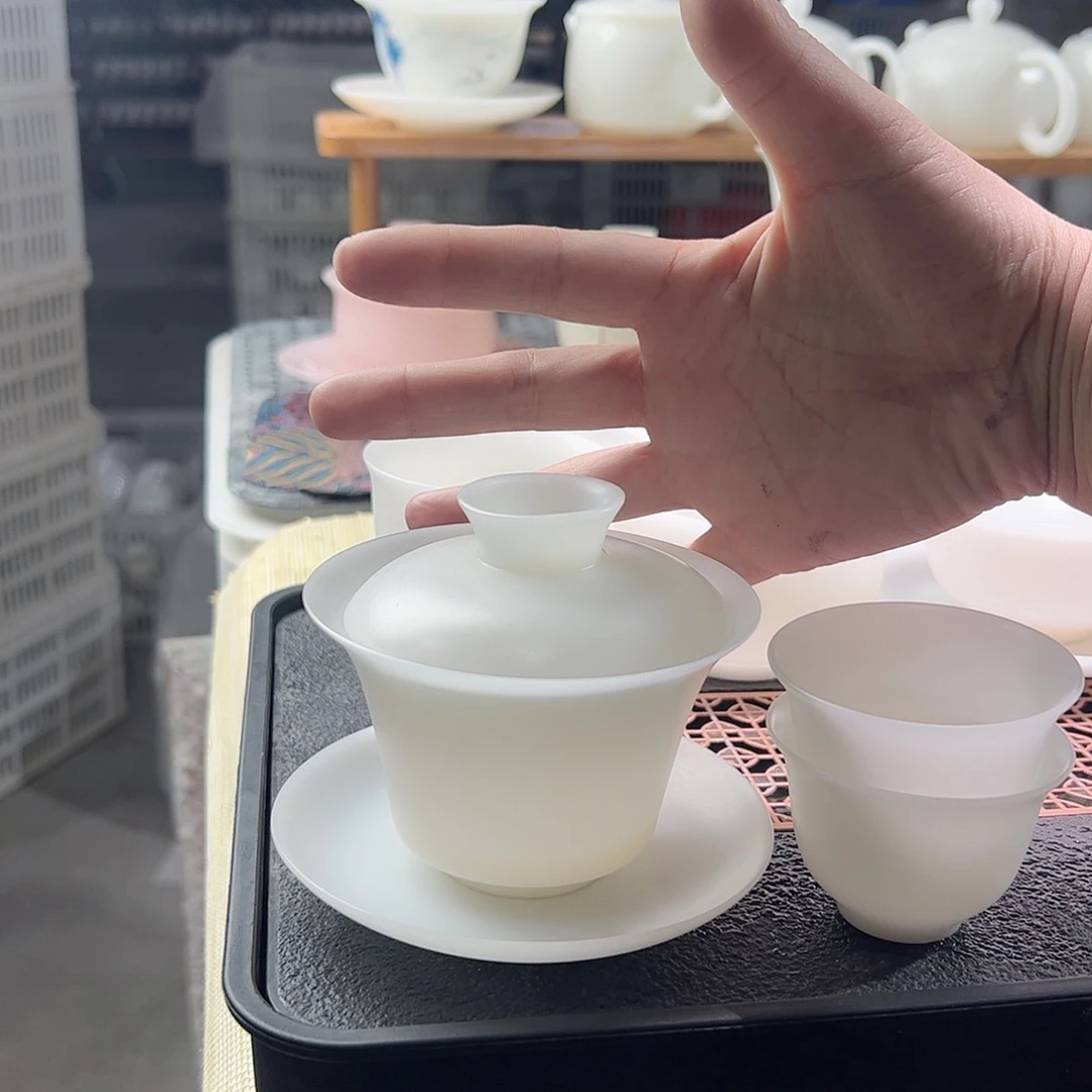 风***风素烧璞玉薄胎马蹄盖碗+2个反口杯55ml