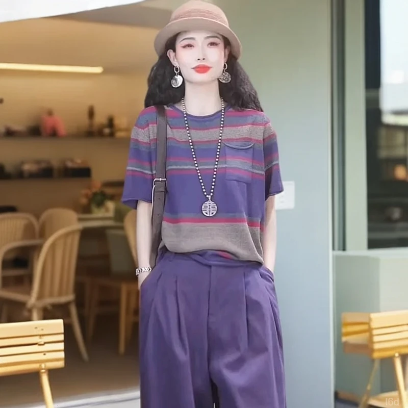 复古撞色拼接条纹慵懒风2025夏季高级感冰丝针织T恤女装别致上衣