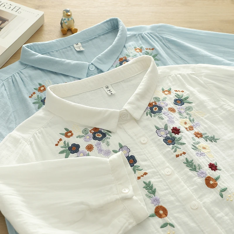 刺绣花朵上衣中袖女夏季衬衣百搭宽松双层纱纯棉短袖衬衫文艺休闲