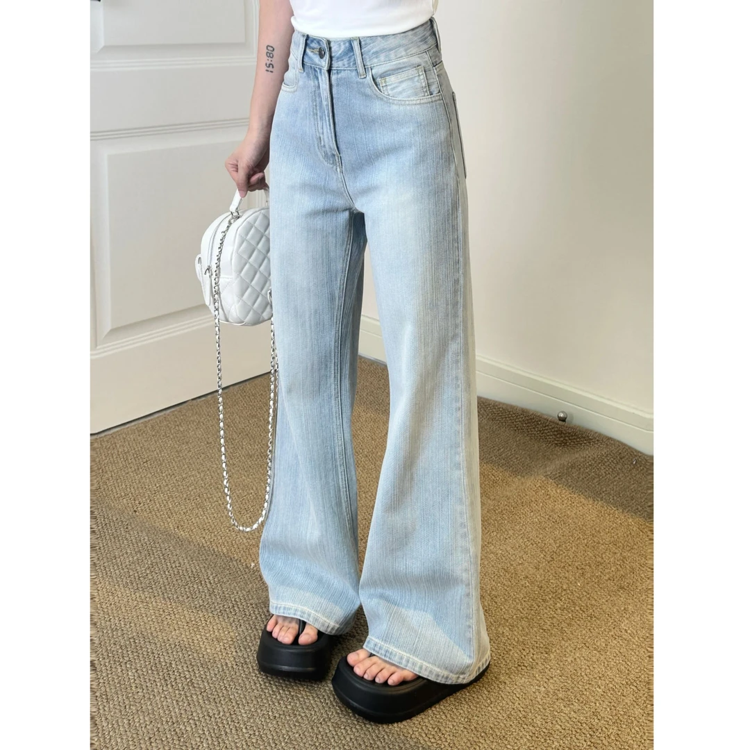 【碗碗小个子定制】2025新款浅蓝色不贴腿微喇裤设计感显瘦腿长直