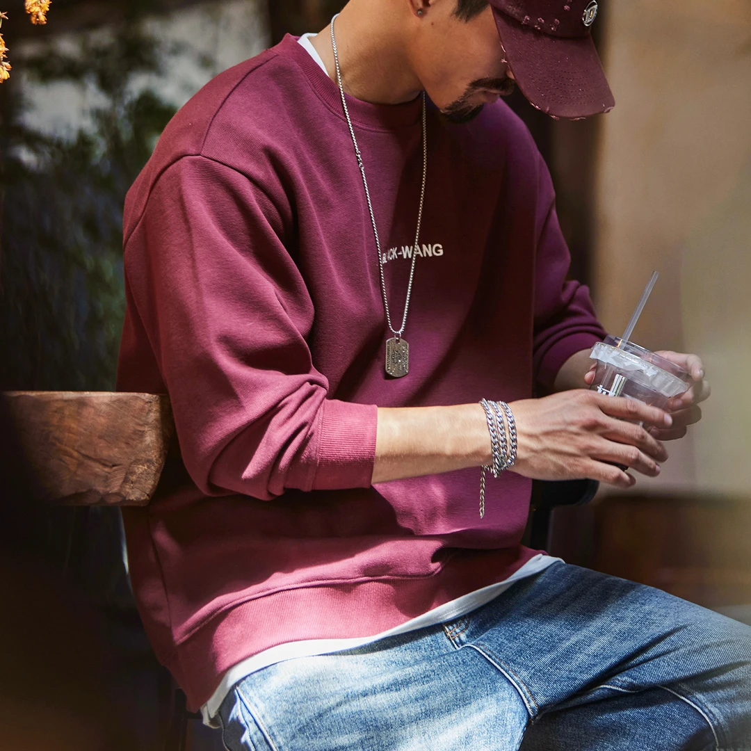 酒红色刺绣圆领长袖卫衣男2025秋季新款日常通勤基础百搭外套潮