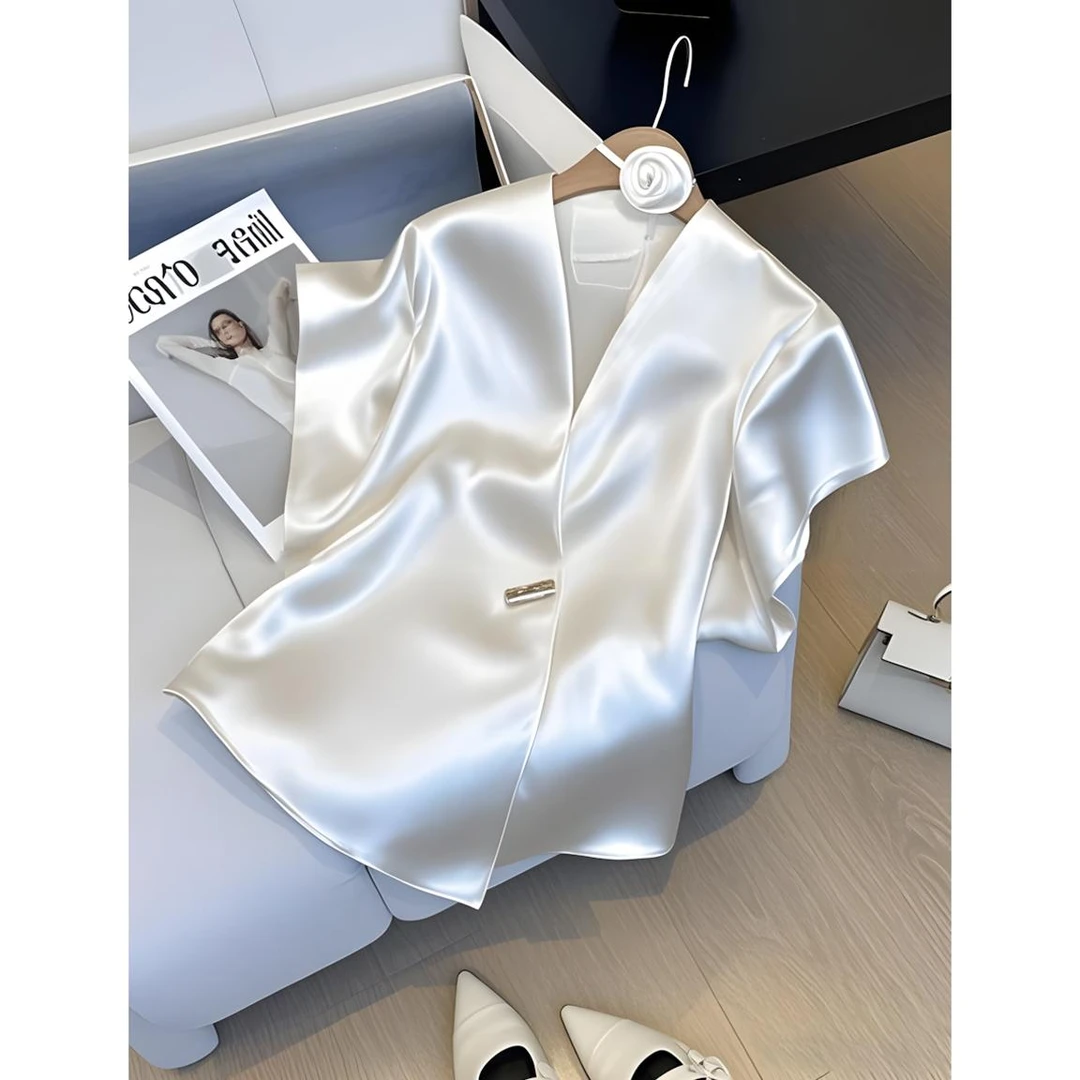 轻奢高级感醋酸衬衫外套女2025夏季新款法式精致绝美气质百搭上衣