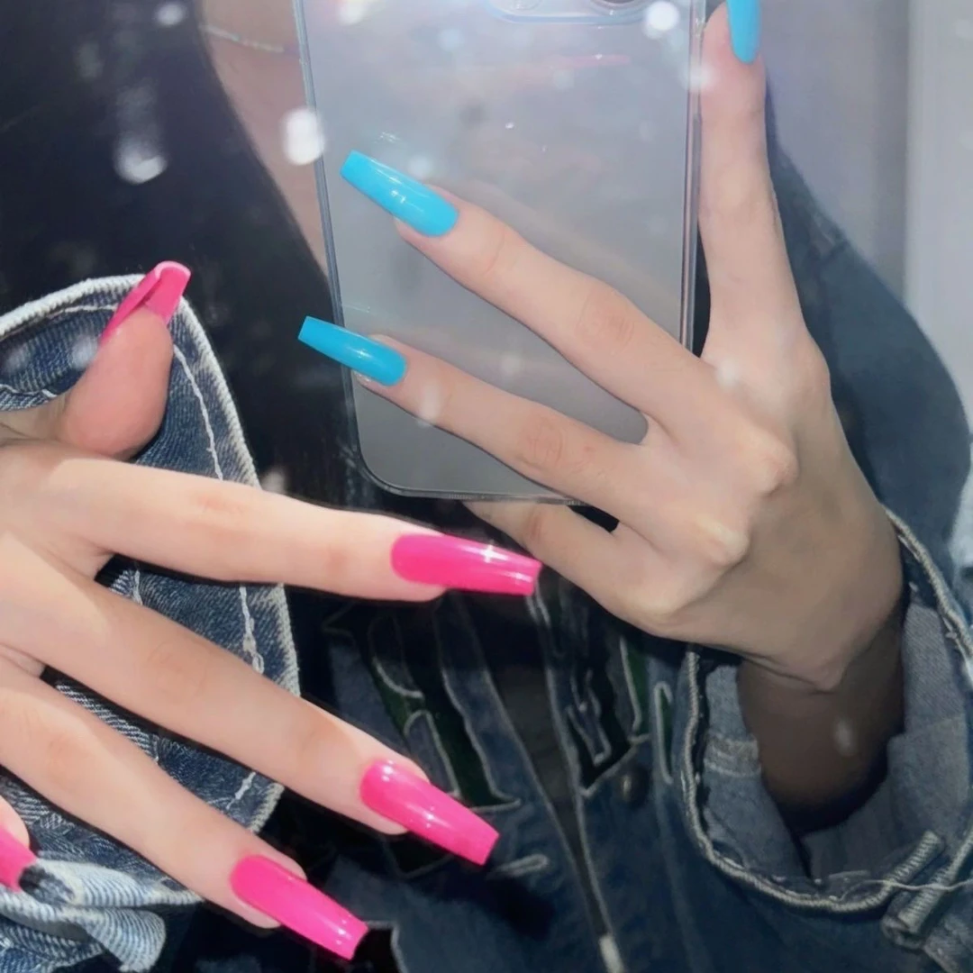 新款芭比枚红湖水蓝美甲穿戴甲欧美风鸳鸯美甲网红爆款4.0厘米