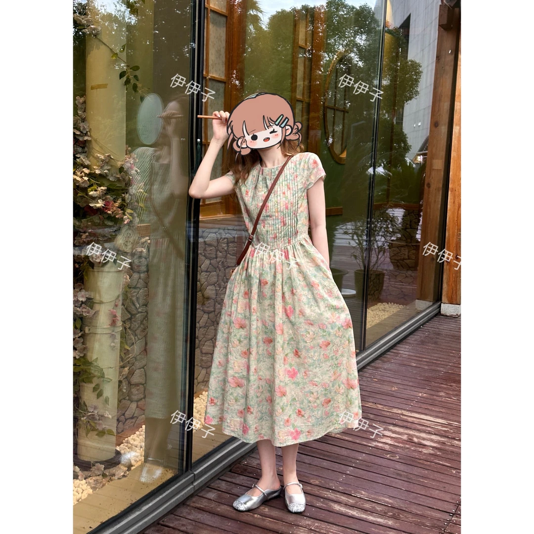 【7天预售】绿色连衣裙（100%棉）印花晕染清新田园风花苞碎花裙