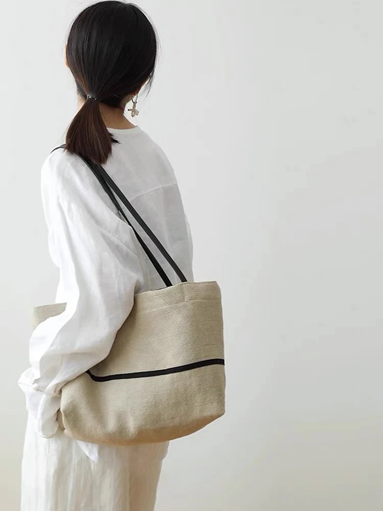帆布托特包包女式2025新款日系慵懒风大容量亚麻单肩包通勤手提袋
