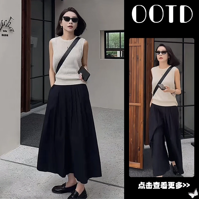 夏季流行穿搭一整套女2025新款韩版无袖针织衫百搭阔腿裤两件套装