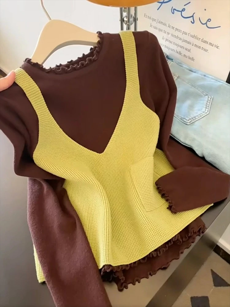 2025韩系木耳边长袖针织衫女秋季新款时尚高级叠穿针织马甲两件套