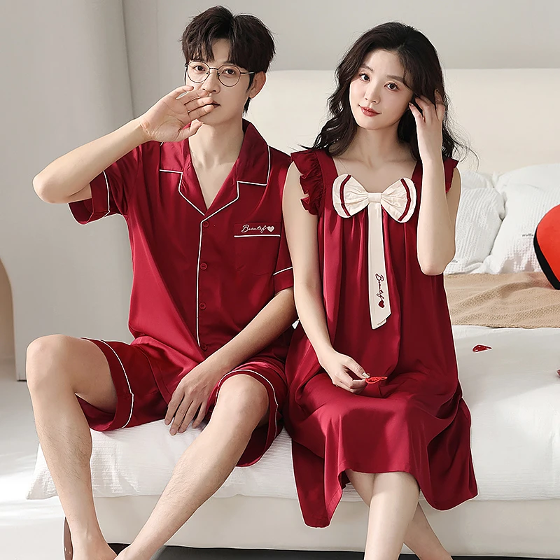 情侣睡衣夏季冰丝2025新款吊带睡裙女夏天仿真丝短袖男士家居服