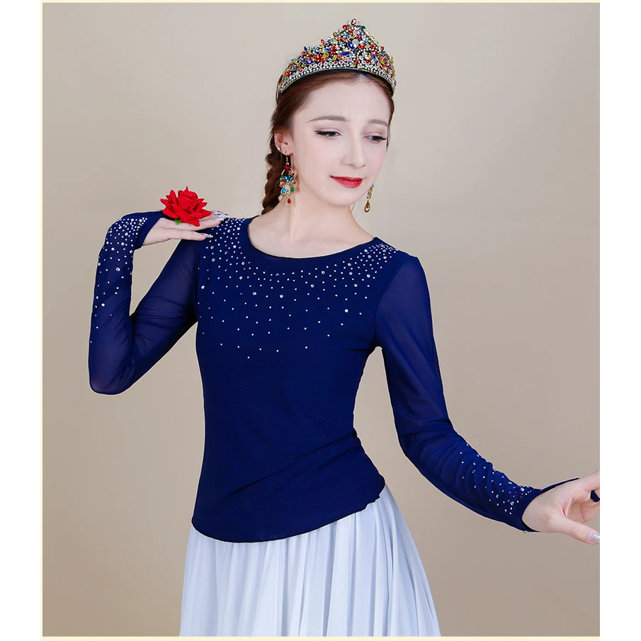 【马老师】新疆舞服广场舞服维族舞民族风高弹网纱重工烫钻网纱上衣