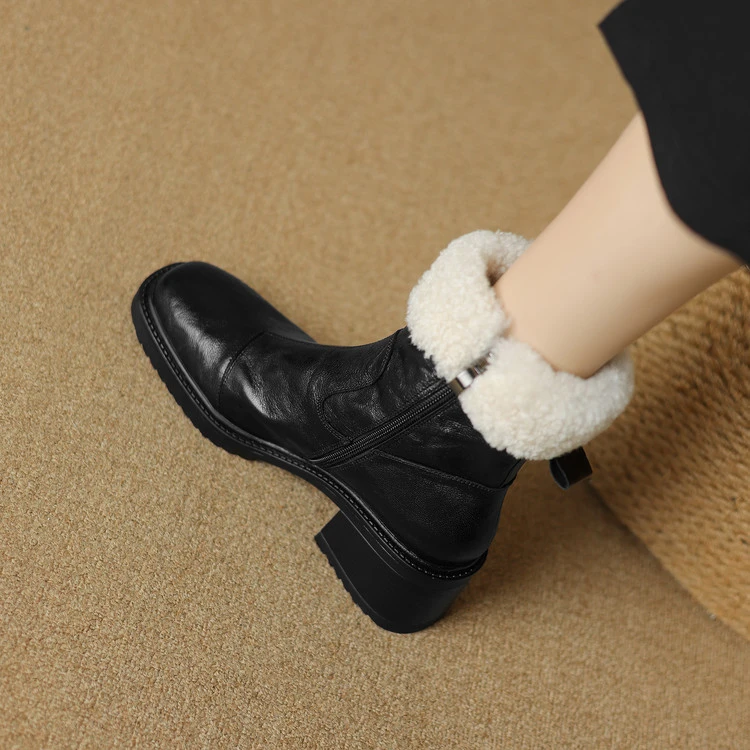 羊皮~5cm真皮羊羔毛厚底雪地靴女冬季加绒加厚粗跟马丁靴保暖短靴