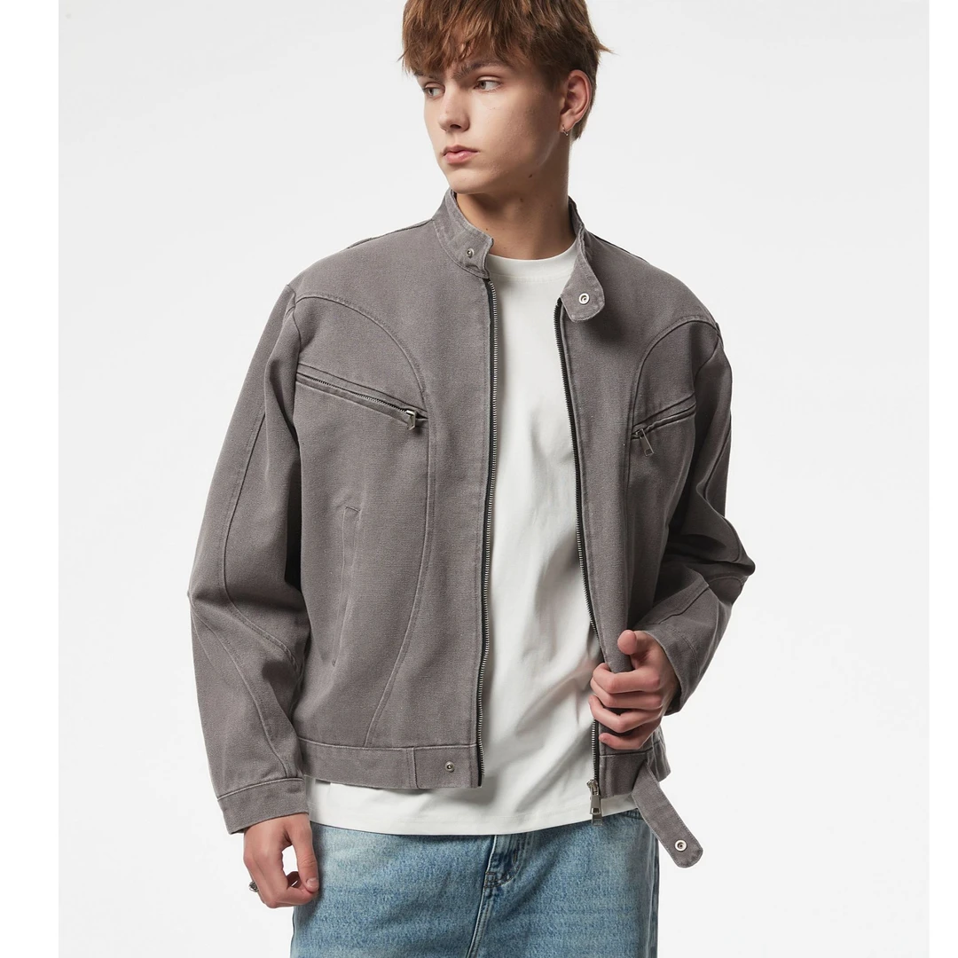 重磅加厚棉衣水洗做旧底特律哈灵顿拼接风琴褶立领工装珠帆布外套