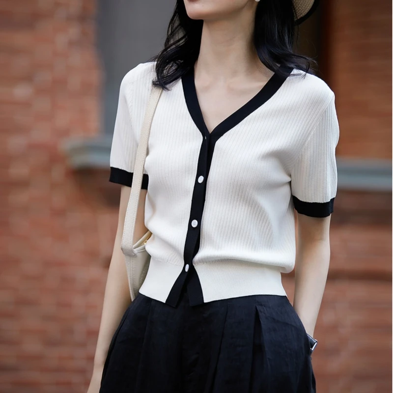 特大码小香风撞色薄款针织开衫女装夏季胖mm短袖T恤宽松休闲上衣