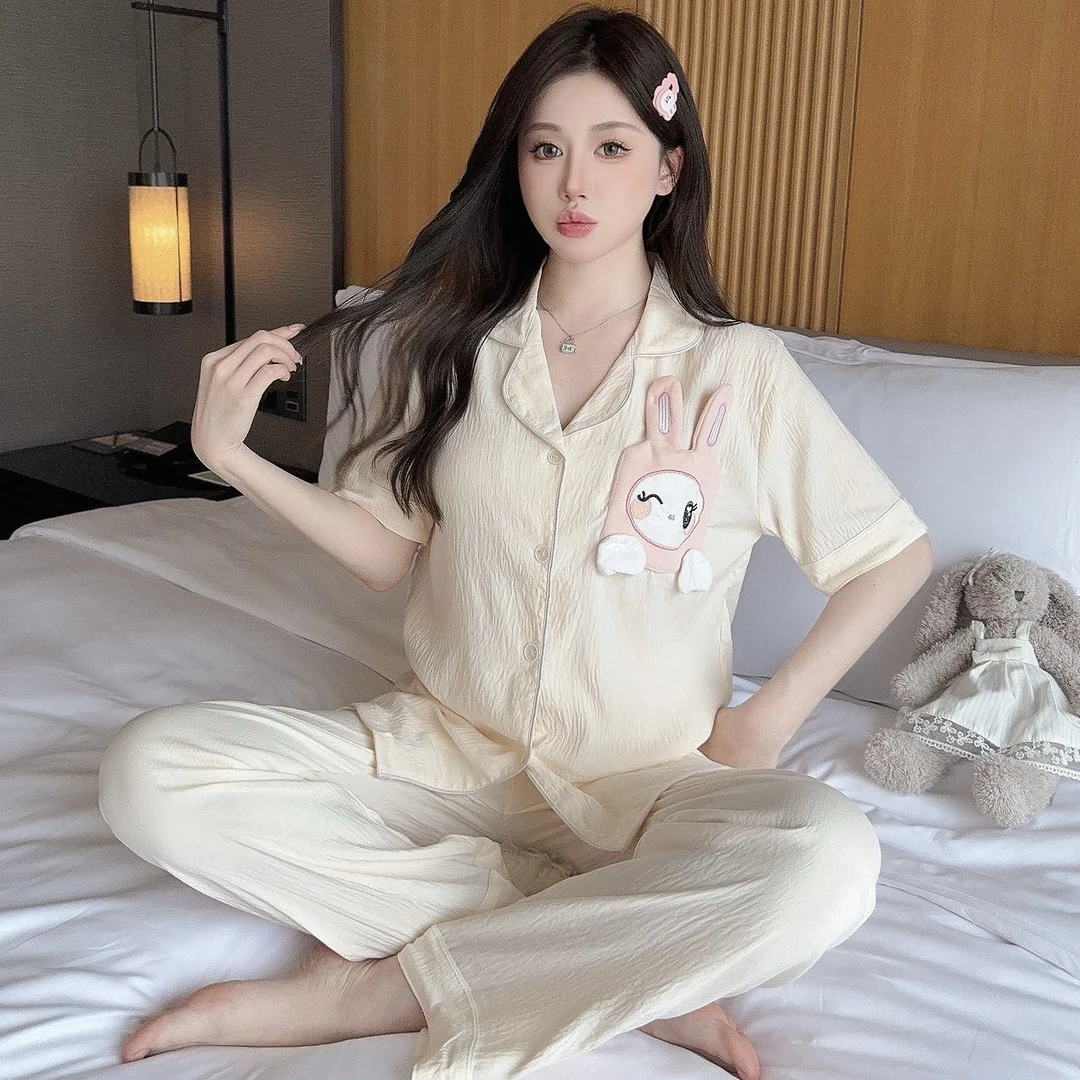 2025女士短袖新款睡衣翻领卡通短袖长裤宽松梭织薄款家居服休闲