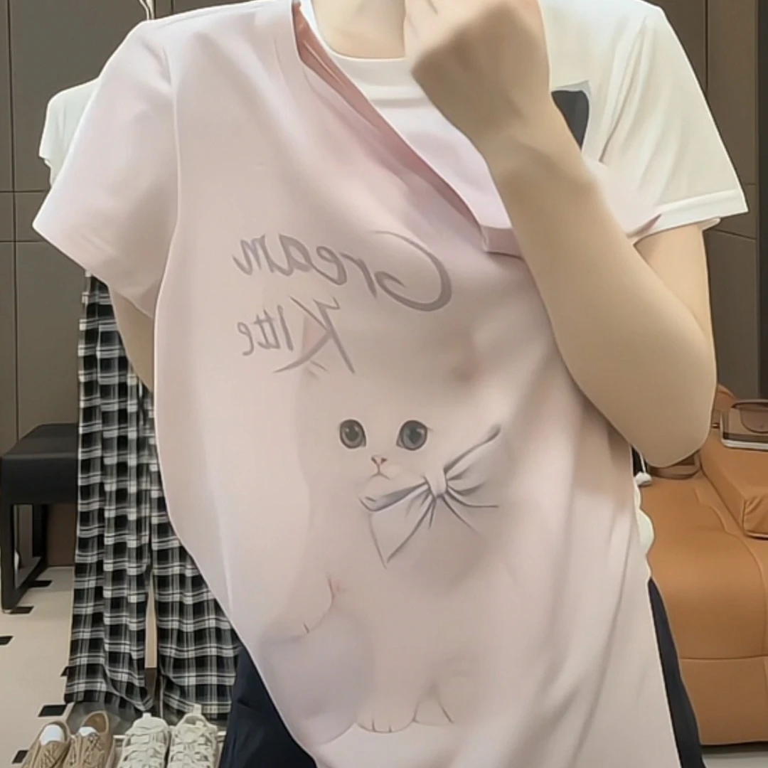 新款设计感可爱卡通猫咪印花短袖T恤女2025夏季时尚百搭减龄上衣