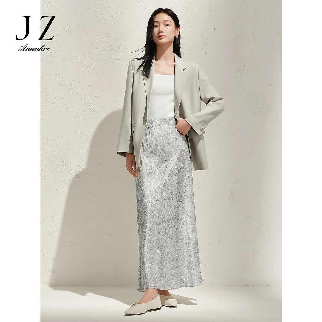 玖姿安娜蔻KWFC20018设计感水墨风100%醋酸印花伞裙半身裙女2025