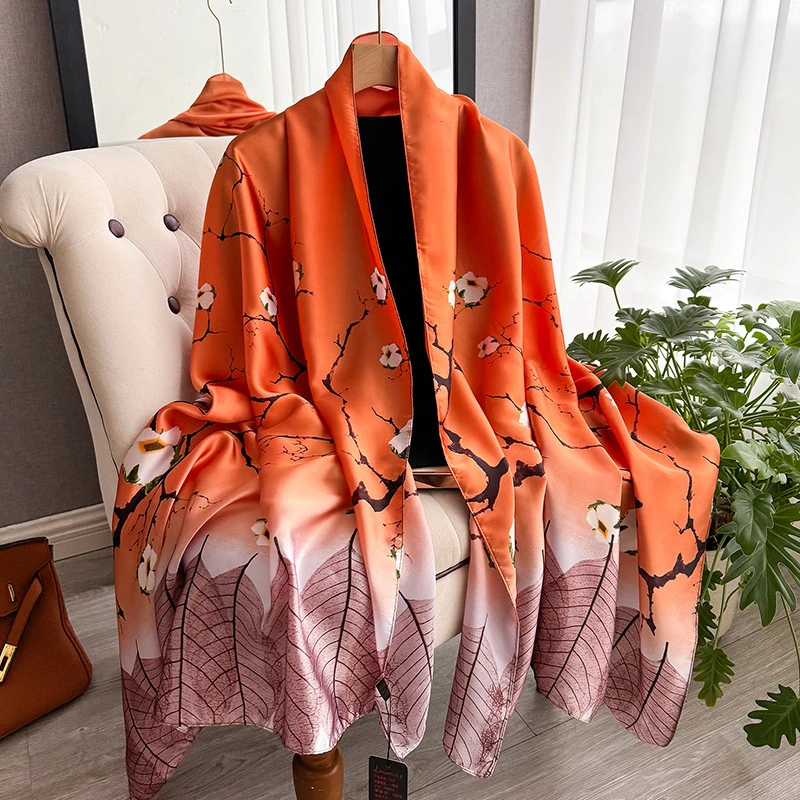 夏季新款百搭丝巾高级感丽景锻长巾旅游防晒仿花卉丝绸围脖女