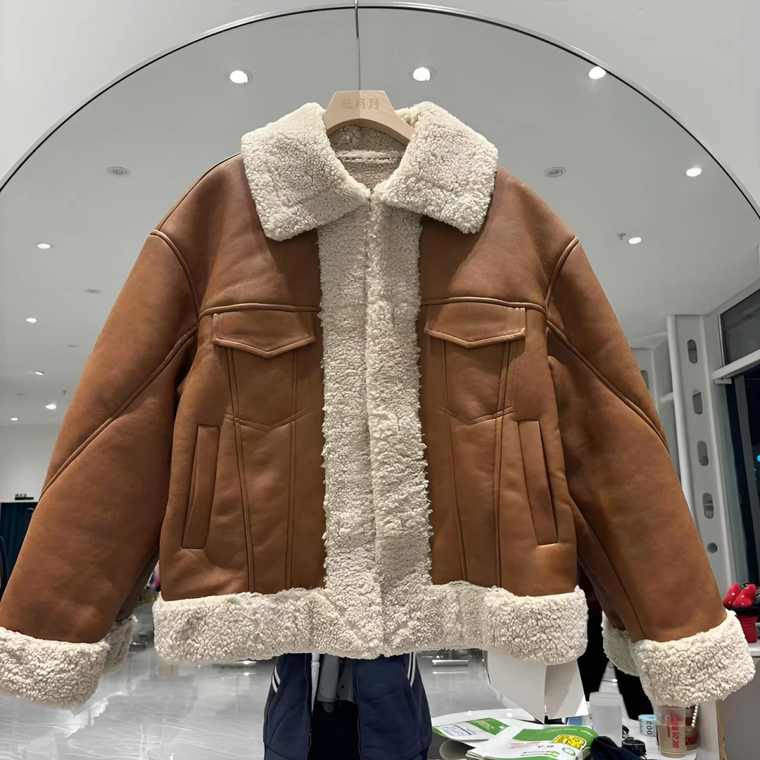 23813美式复古翻领外套PU加厚冬天保暖拼接衣长62胸围110